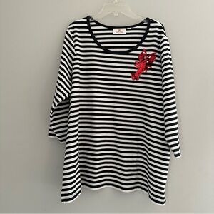 Quacker Factory Black and White Stripe shirt with red sequined lobster
